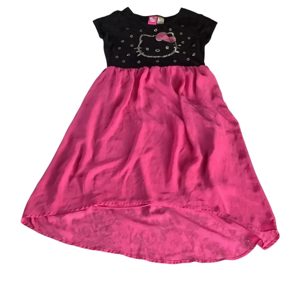 Hello Kitty Girls Dress Black Pink Hi‎ Lo Sparkle Sz L 10 12 Short Sleeve